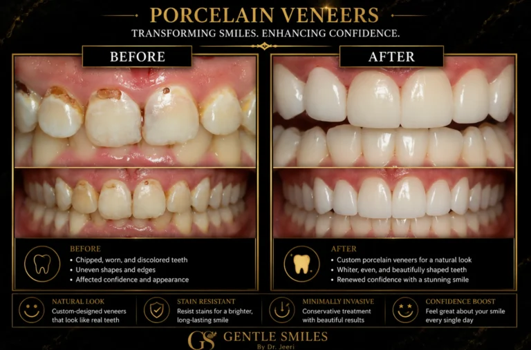 Porcelain veneers before and after showing a brighter, more even smile in Cherry Hill, NJ