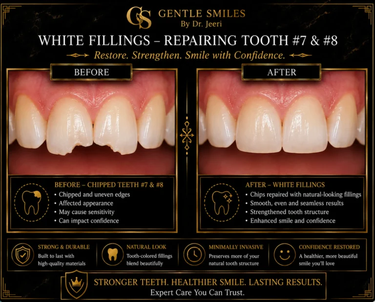 White fillings before and after repairing chipped front teeth 7 and 8 at Gentle Smiles of Cherry Hill, NJ