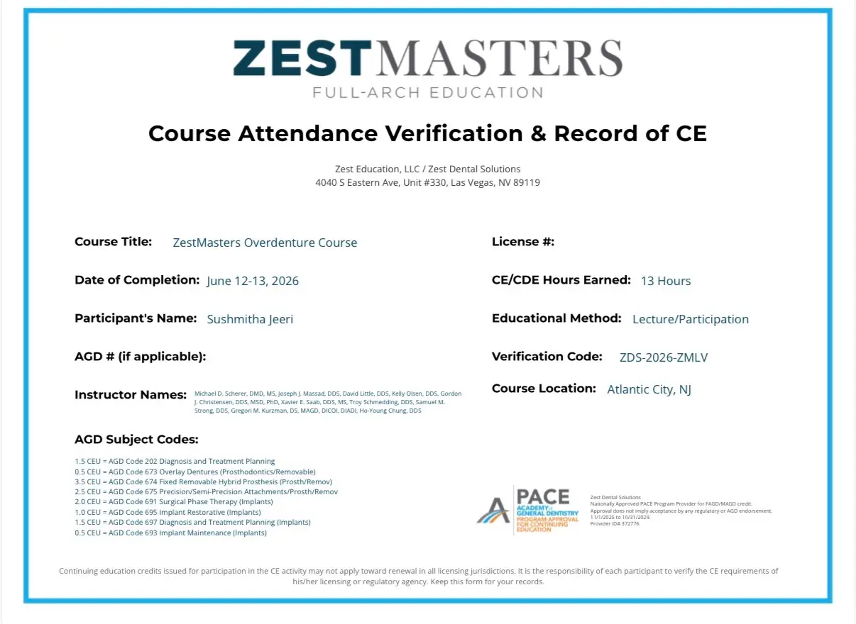 ZestMasters Full-Arch Implant Education Certificate — Dr. Sushmitha Jeeri, June 2026